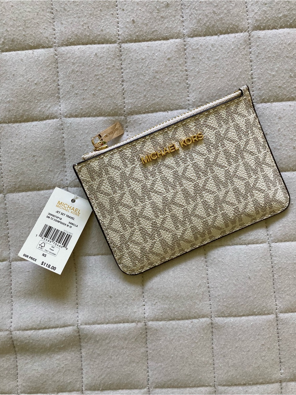 Michael Kors Beige Signature Zip Card Case with Gold Hardware